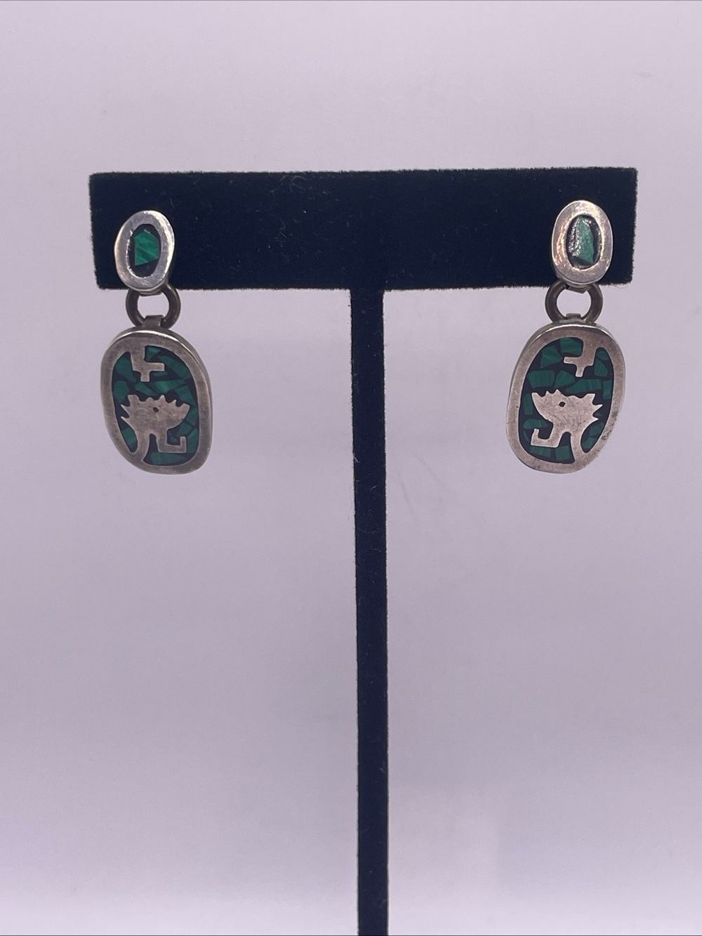 Vintage Taxco Sterling Silver Dangle Earrings w/ Crushed Malachite Stone